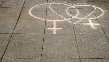 High angle view of two female symbols drawn on the road with a heart shape