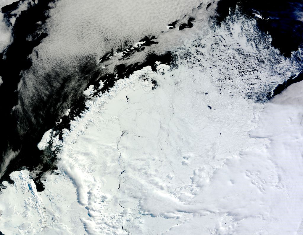 Ice lingering north of the Weddell Sea, east of the Antarctic Peninsula.