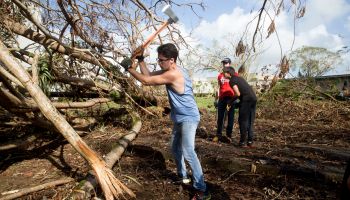 Students and faculty clean up University of Puerto Rico after Hurricane Maria.