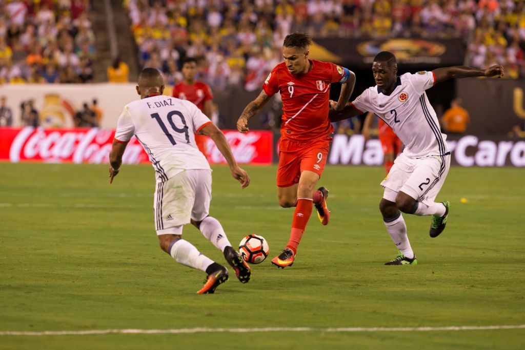 Paolo Guerrera (9) Peru controls ball during quarterfinal...