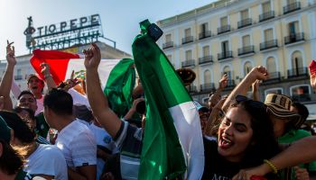 Mexico fans celebrating in Puerta de Sol after their victory...