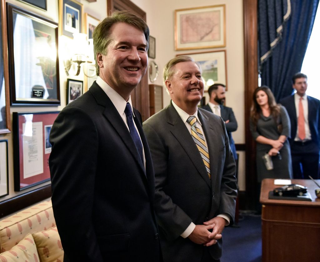 Supreme Court nominee Brett Kavanaugh visits Republicans at the US Capitol, in Washington, DC.