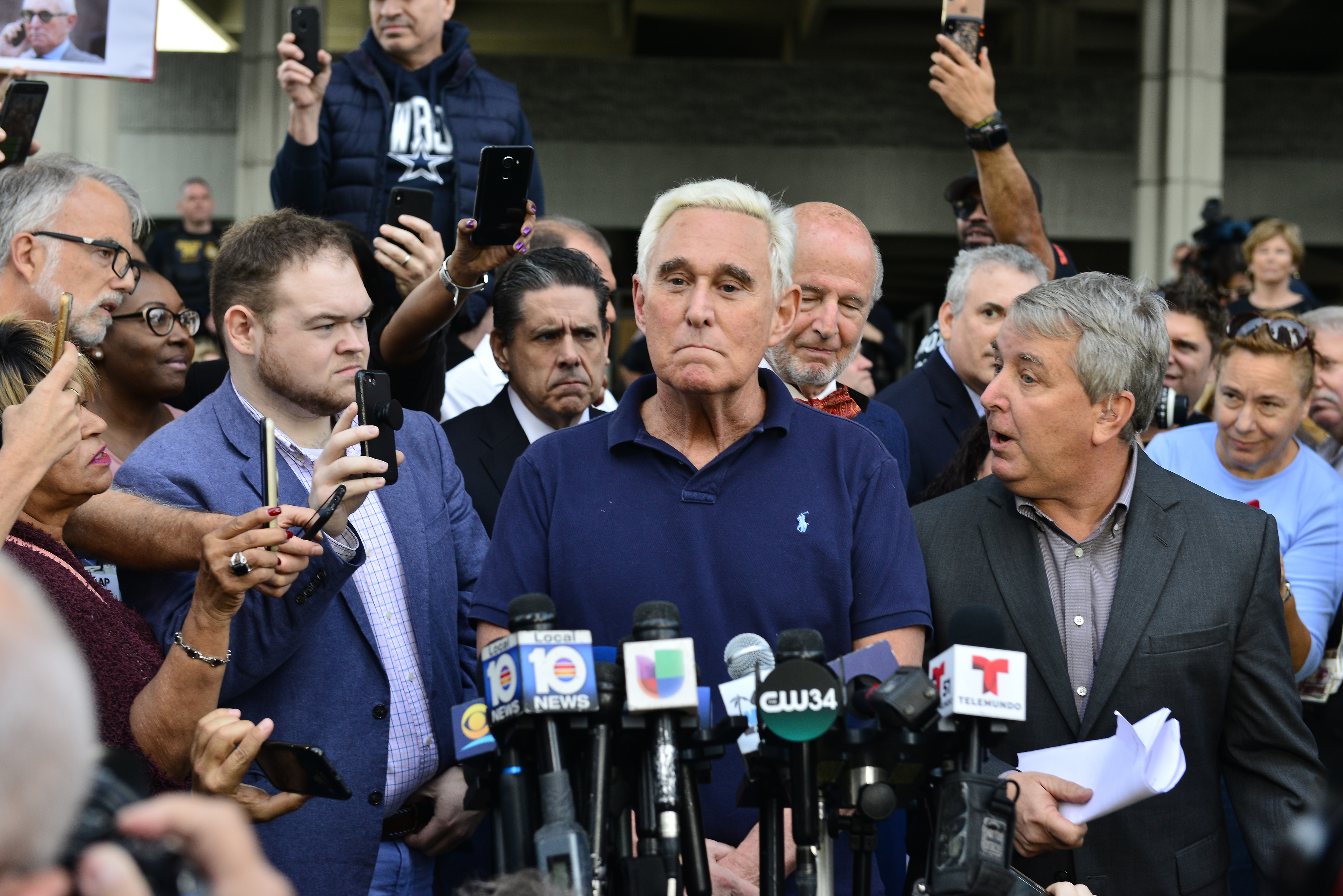 Roger Stone, former Trump campaign advisor, speaks to the media outside the Fort Lauderdale Federal Courthouse after being arrested by the FBI