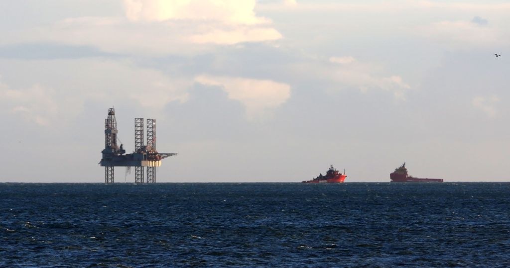An oil rig, ENSCO 72, has arrived in Poole Bay, Bournemouth, Dorset
