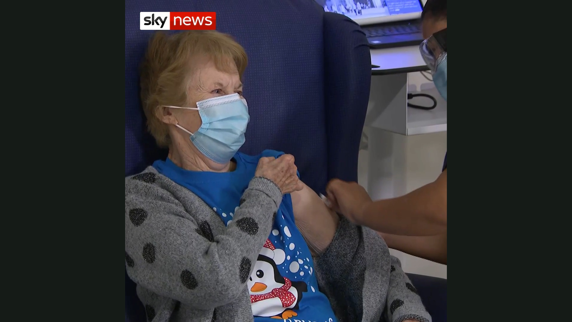 The moment Patient A, Margaret Keenan, becomes the first in world to receive the Pfizer/BioNTech coronavirus jab outside a clinical trial, at University Hospital, Coventry. As shown on Sky News.