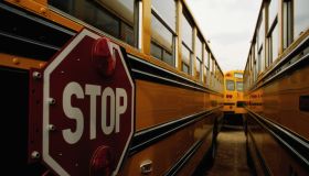 Stop sign on side of school bus, close-up, Indiana, USA