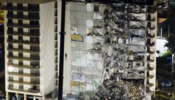 Aerial views aftermath of the partial building collapse in Florida