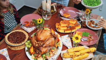 Stuffed Turkey for Thanksgiving Holidays with Pumpkin, Peas, Pecan Pie and Other Ingredient
