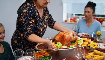 Stuffed Turkey for Thanksgiving Holidays with Pumpkin, Peas, Pecan Pie and Other Ingredient