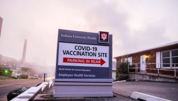A signage depicting covid-19 vaccination site at IU Health...