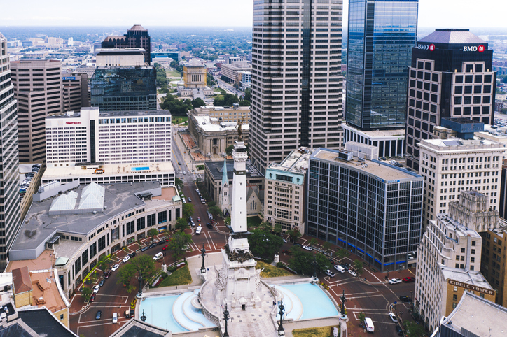 Aerial view of Soldiers & Sailors Monument in Indianapolis downtown Indiana
