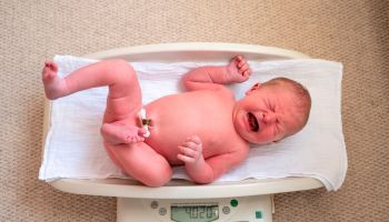 5 day old newborn baby boy being weighed on scales during midwife home visit, UK