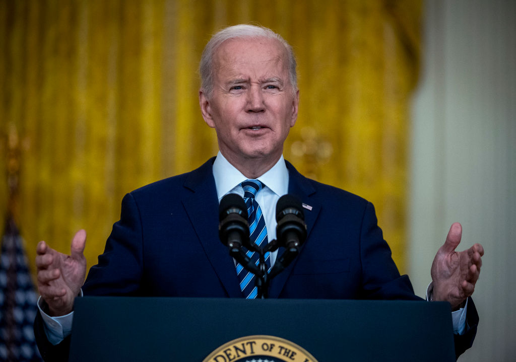 President Biden delivers remarks in the wake of Russias invasion of Ukraine, in an East Room address at the White House, on February 24 in Washington, DC.