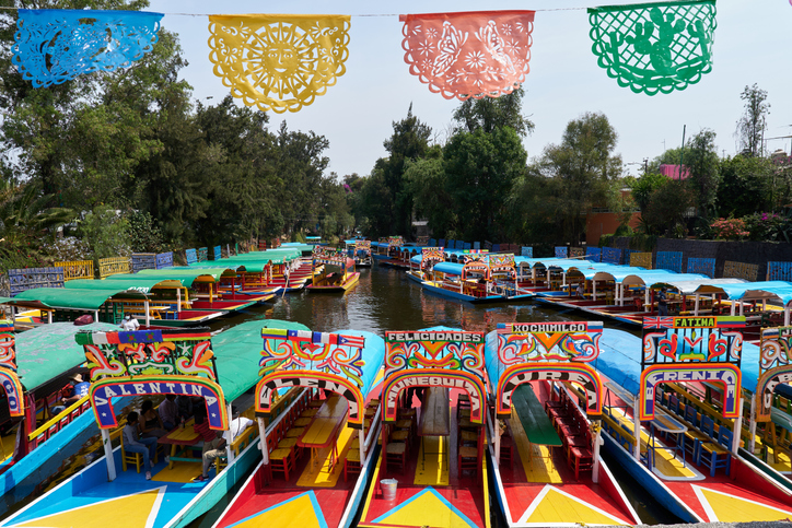 Front view of the typical Xochimilco boats called "trajineras"