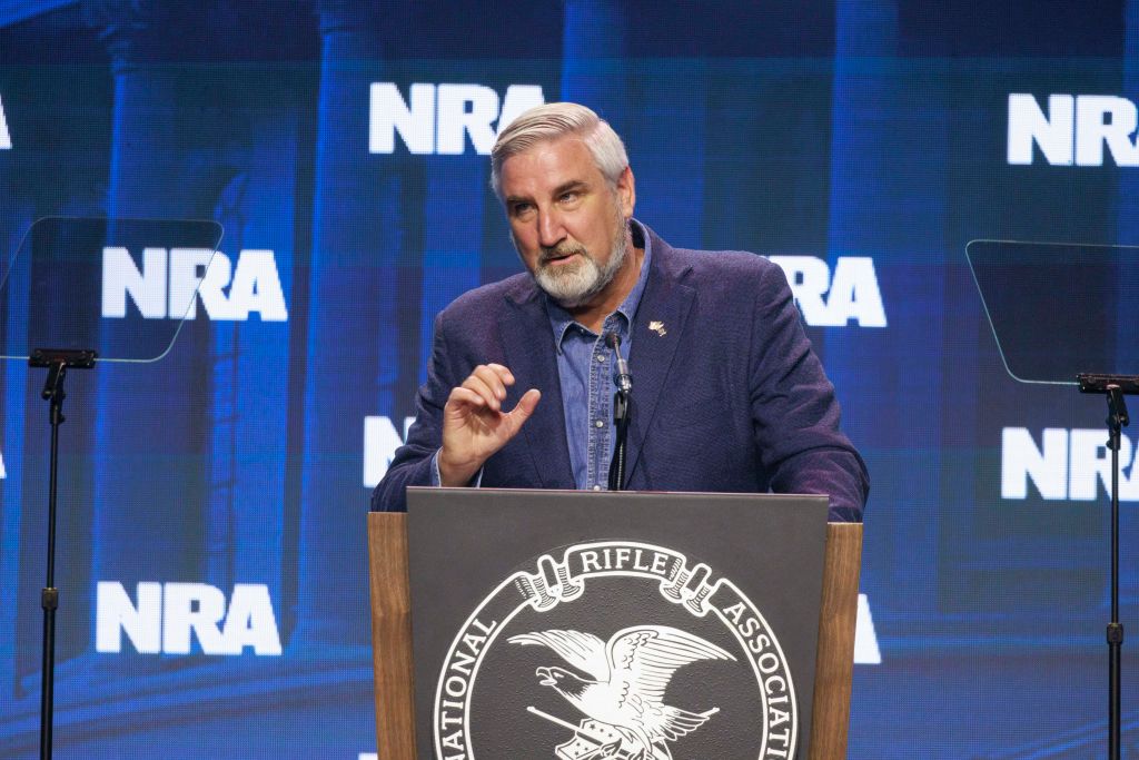 Indiana Governor Eric Holcomb speaks to guests at the 2023...