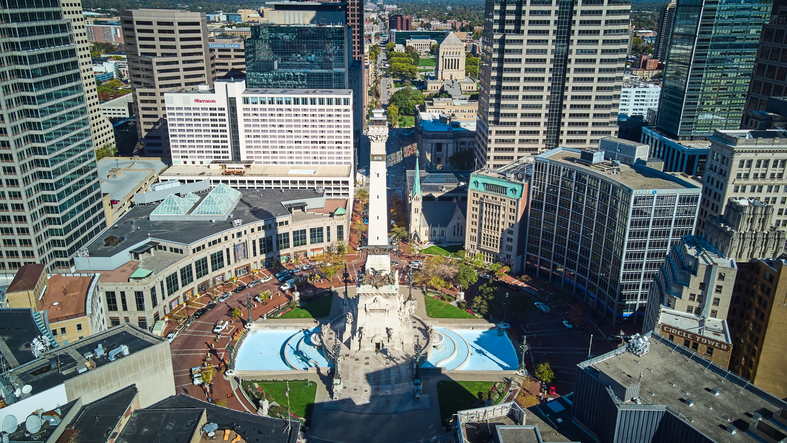 Iconic Soldiers & Sailors Monument from above and showcasing city in downtown Indianapolis, Indiana
