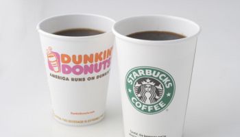 Dunkin' Donuts and Starbucks coffee cups...