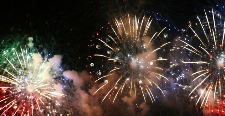 Firework celebrate anniversary happy new year 2024, 4th of july holiday festival. colorful firework in the night time to celebrate national holiday. countdown to new year 2025 party time event.