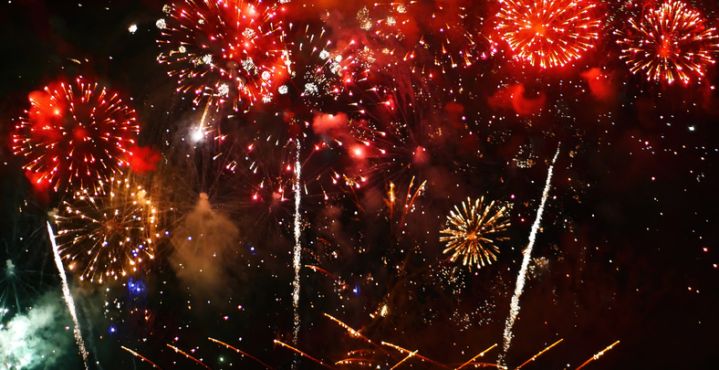Firework celebrate anniversary happy new year 2024, 4th of july holiday festival. colorful firework in the night time to celebrate national holiday. countdown to new year 2025 party time event.