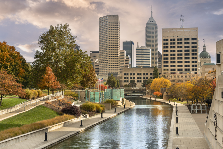 Downtown city skyline view of Indianapolis, Indiana, USA looking over the Central Canal Walk