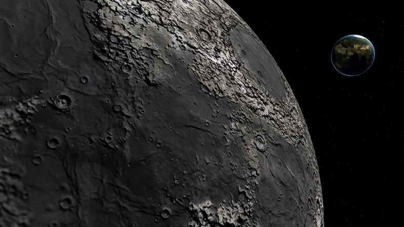 The moon's surface with Earth in the background of CGI image