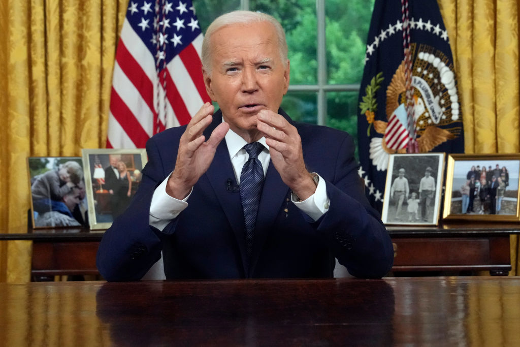 President Biden Addresses The Nation From The White House Oval Office
