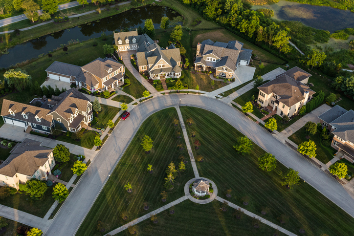 Aerial view of suburban neighborhood