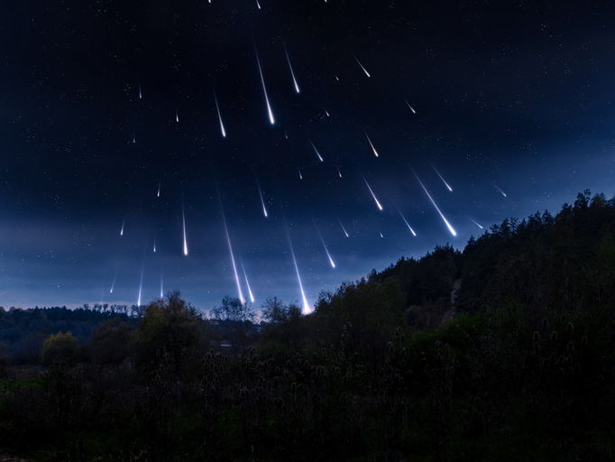 Meteor shower in the sky, apocalyptic view.