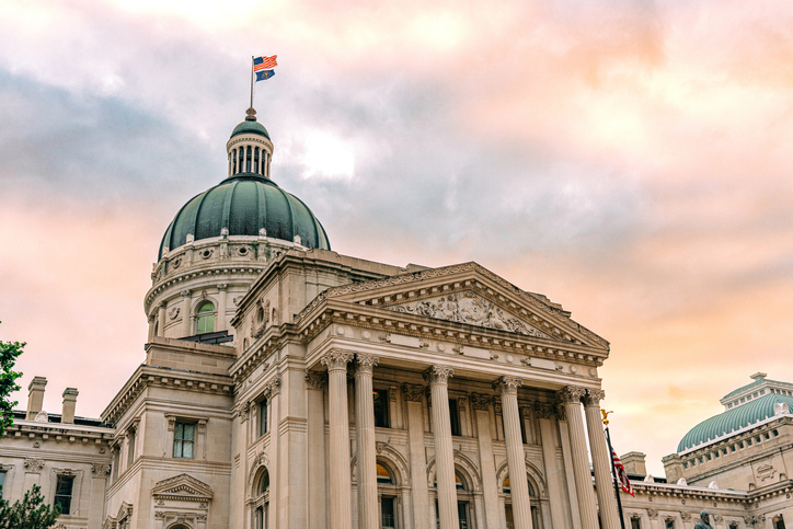 Low Angle View of the Indiana State Capitol building in Indianapolis, Indiana