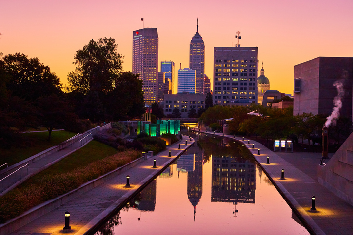 Indianapolis Skyline at Sunset with Reflective Canal Waters