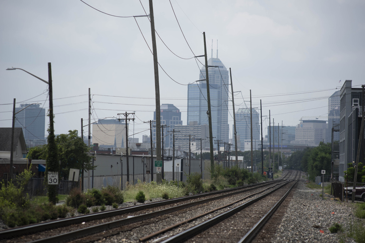View of Downtown Indianapolis, Indiana looking east along train tracks