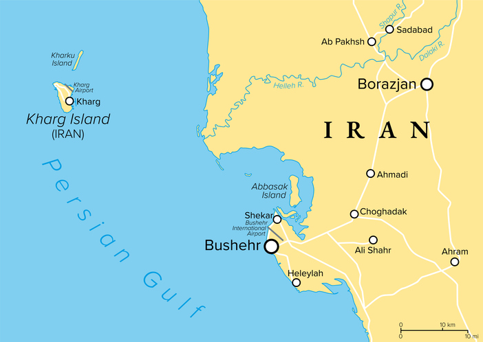 Kharg Island and port city Bushehr, Iran, political map
