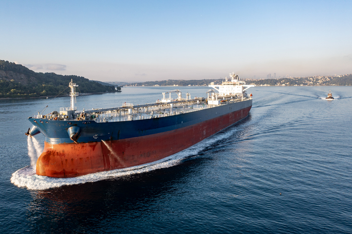 Oil tanker navigating bosphorus strait, transporting crude oil the Strait of Hormuz
