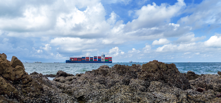 massive container ship sailing through the strategic Strait of Hormuz, viewed from a rocky coastline under a dramatic cloudy sky. Concept of global maritime logistics, international trade routes, and geopolitical security.