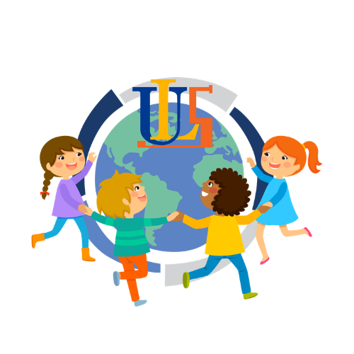 A group of diverse children holding hands around a globe representing the United Nations logo.