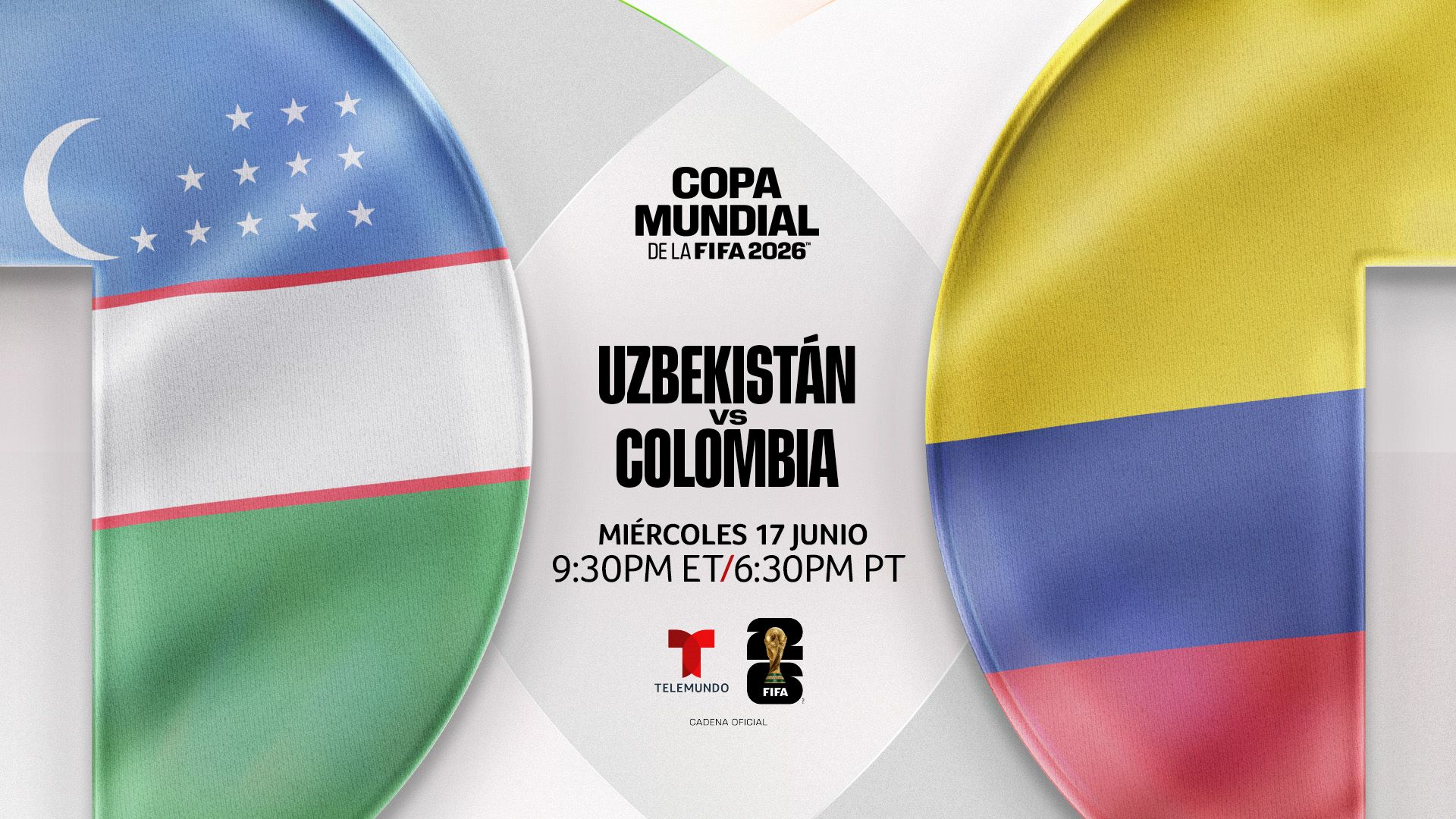 Copa Mundial de la FIFA 2026 logo, Uzbekistan vs Colombia match details, Telemundo and FIFA logos