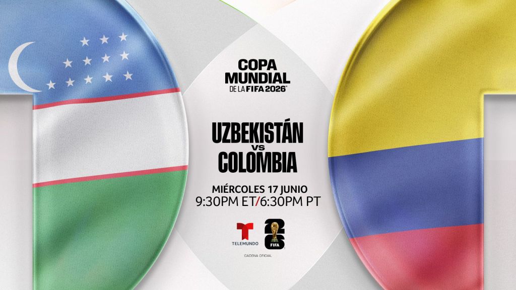 Copa Mundial de la FIFA 2026 logo, Uzbekistan vs Colombia match details, Telemundo and FIFA logos