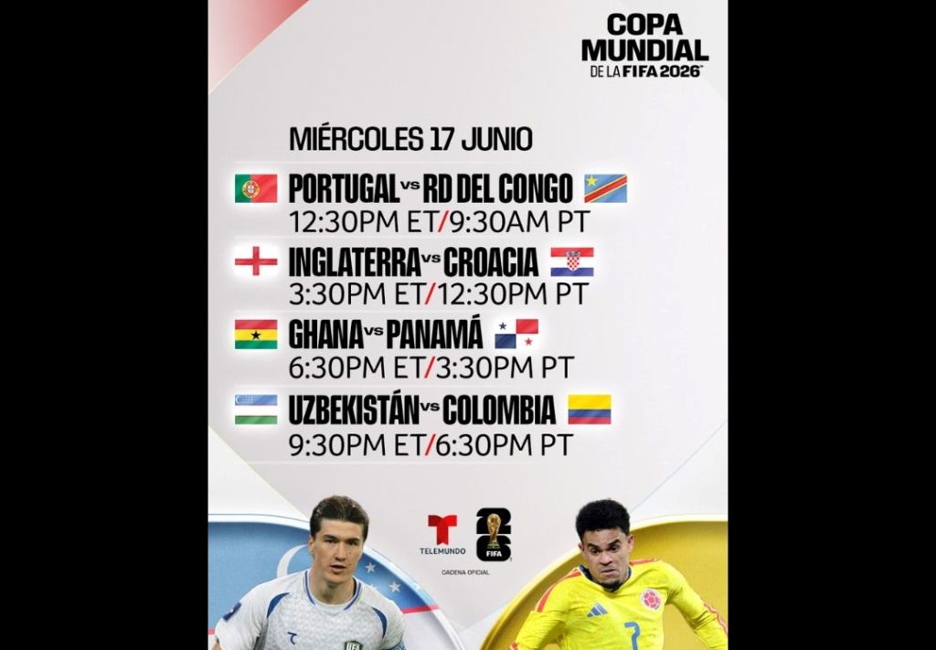Schedule for the 2026 FIFA World Cup matches on June 17, including Portugal vs. DR Congo, England vs. Croatia, Ghana vs. Panama, and Uzbekistan vs. Colombia.