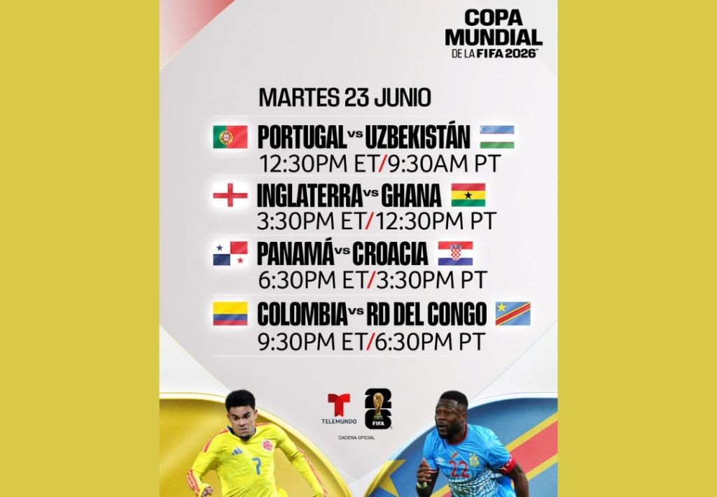 A soccer match schedule for the 2026 FIFA World Cup, featuring flags and team names for Portugal vs Uzbekistan, England vs Ghana, Panama vs Croatia, and Colombia vs DR Congo.