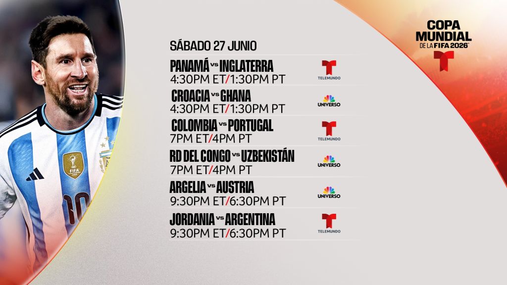 A soccer player in an Argentina jersey, with the text "COPA MUNDIAL DE LA FIFA 2026" and a schedule of upcoming World Cup matches.