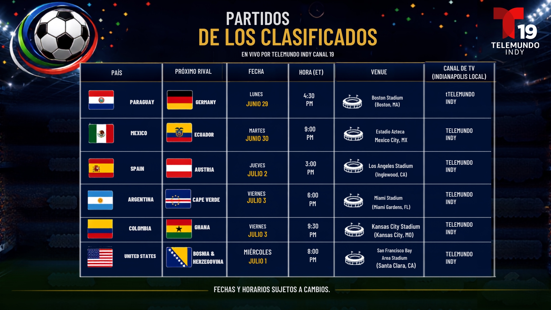 A schedule of upcoming soccer matches, including the teams, dates, times, and venues. The matches will be broadcast on Telemundo Indy.