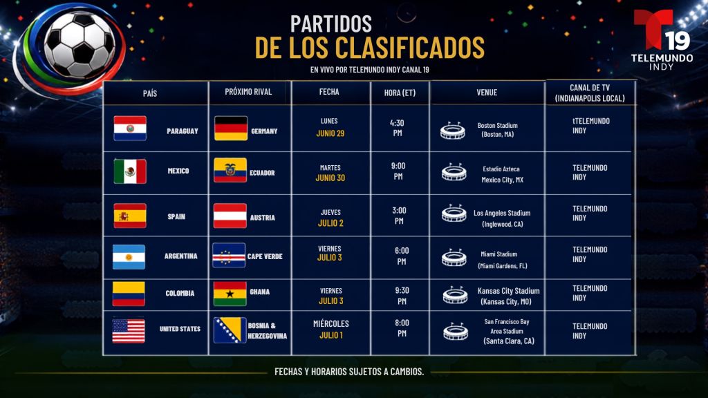 A schedule of upcoming soccer matches, including the teams, dates, times, and venues. The matches will be broadcast on Telemundo Indy.