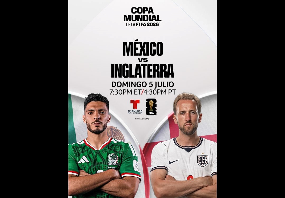 Promotional poster for a 2026 FIFA World Cup match between Mexico and England, featuring the team jerseys and logos.