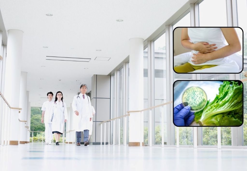 Three medical professionals in white coats walking down a hospital hallway. Inset images show a person's arm and a close-up of a green vegetable.
