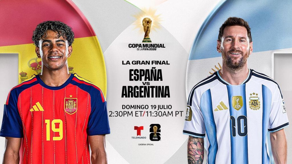 Two soccer players in national team jerseys - Spain and Argentina - facing each other, with the 2026 FIFA World Cup logo between them.