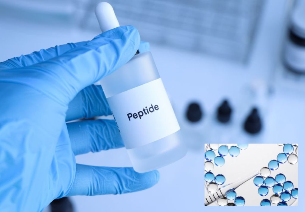 A hand in a blue glove holding a bottle labeled "Peptide" against a blurred blue background with white bubbles.