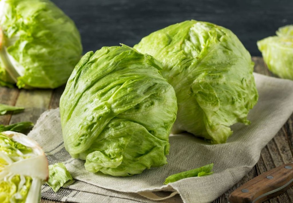 Several fresh green lettuce heads on a gray cloth on a wooden surface.