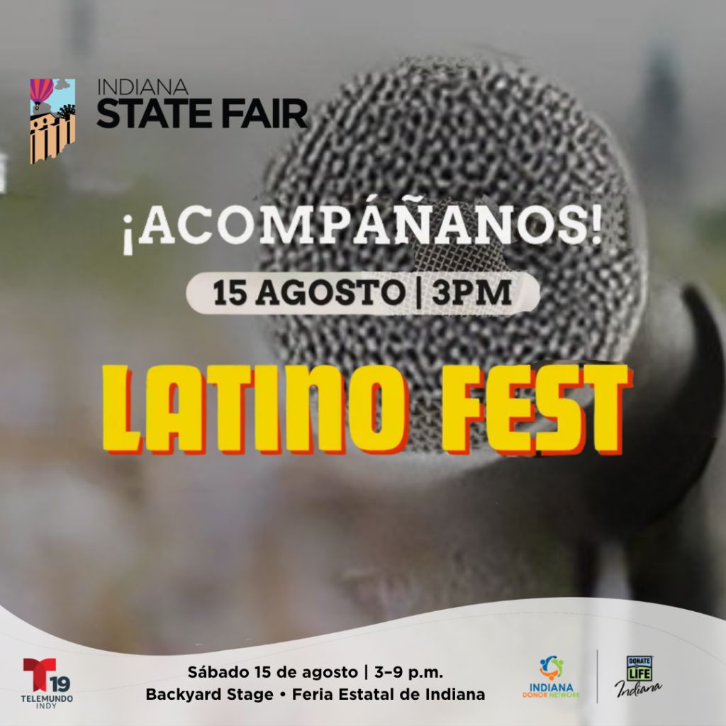 Indiana State Fair logo and text promoting "Latino Fest" event on August 15 from 3-9 PM at the Backyard Stage of the Indiana State Fair.