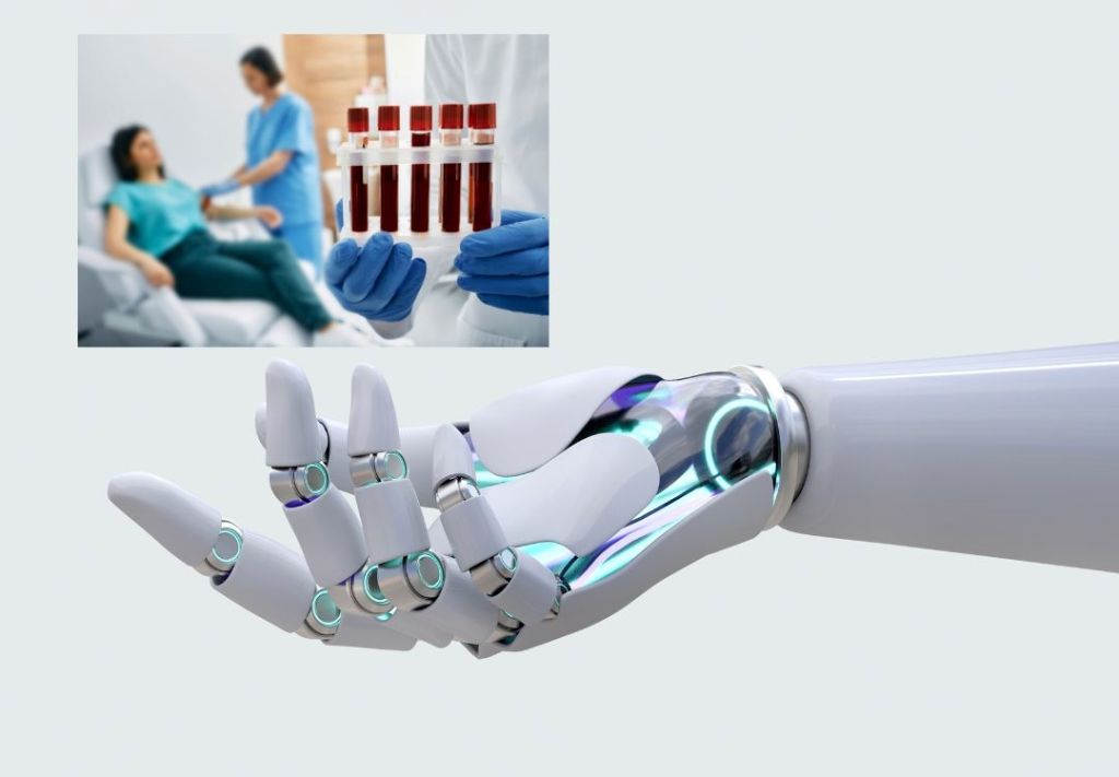A medical professional in blue scrubs holds test tubes filled with red liquid, while a robotic hand with metallic fingers is displayed in the foreground.